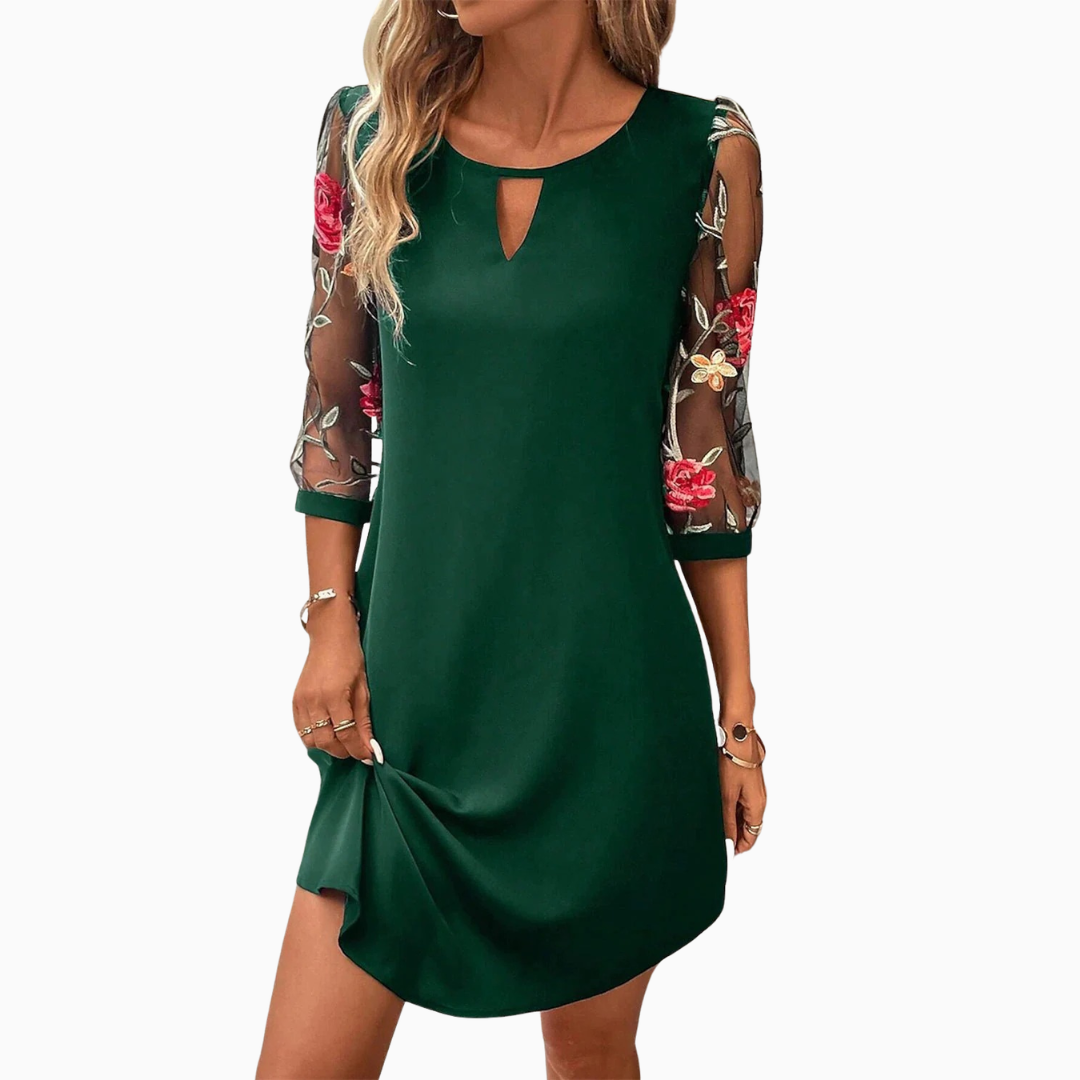 Robe Mini Femme – Manches Transparentes Brodées Florales | Élégance Subtile & Féminine