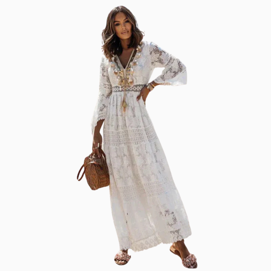 Robe Maxi Femme Dentelle Ajourée – Manches Évasées Pompons | Look Romantique & Estival