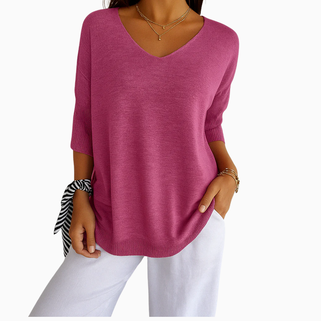 Pull Femme Col V Maille Légère Manches Courtes Coupe Décontractée