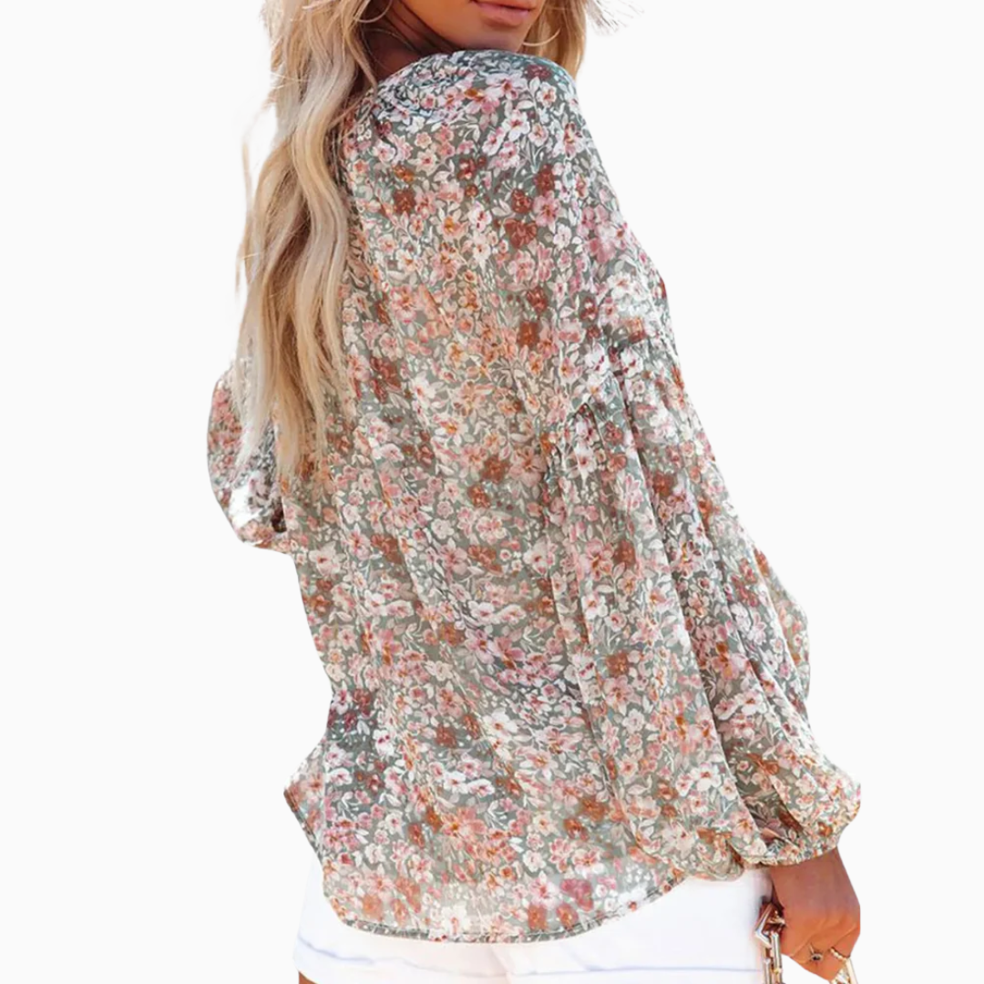 Blouse Femme Fleurie Col V – Manches Longues Légère & Fluide | Look Féminin pour les Beaux Jours