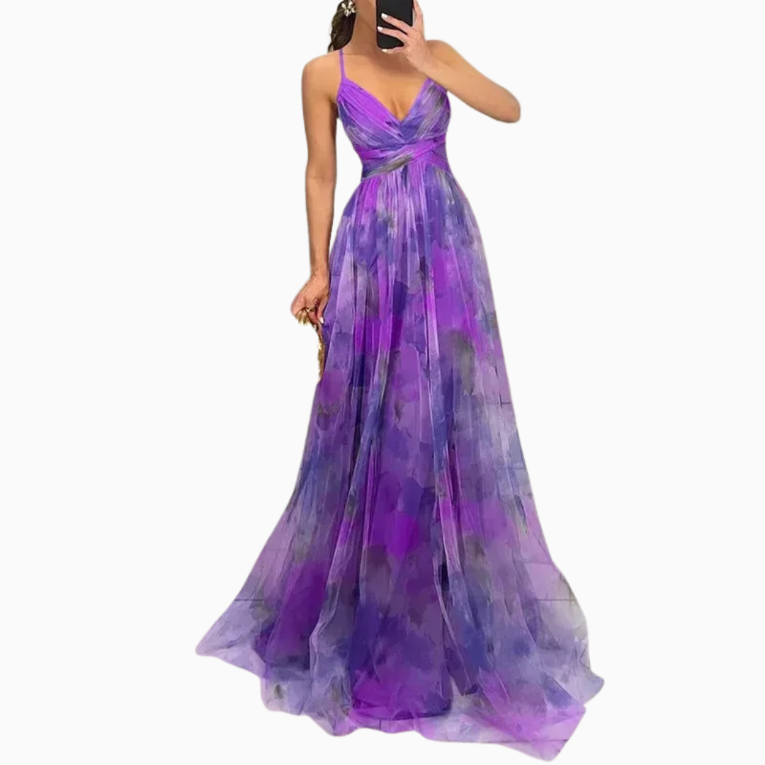 Robe maxi femme col en V bretelles fines buste froncé jupe plissée imprimé floral