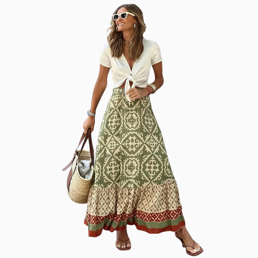 Jupe Longue Bohème Femme – Imprimé Mixte Ourlet Volanté | Style Estival & Vacances
