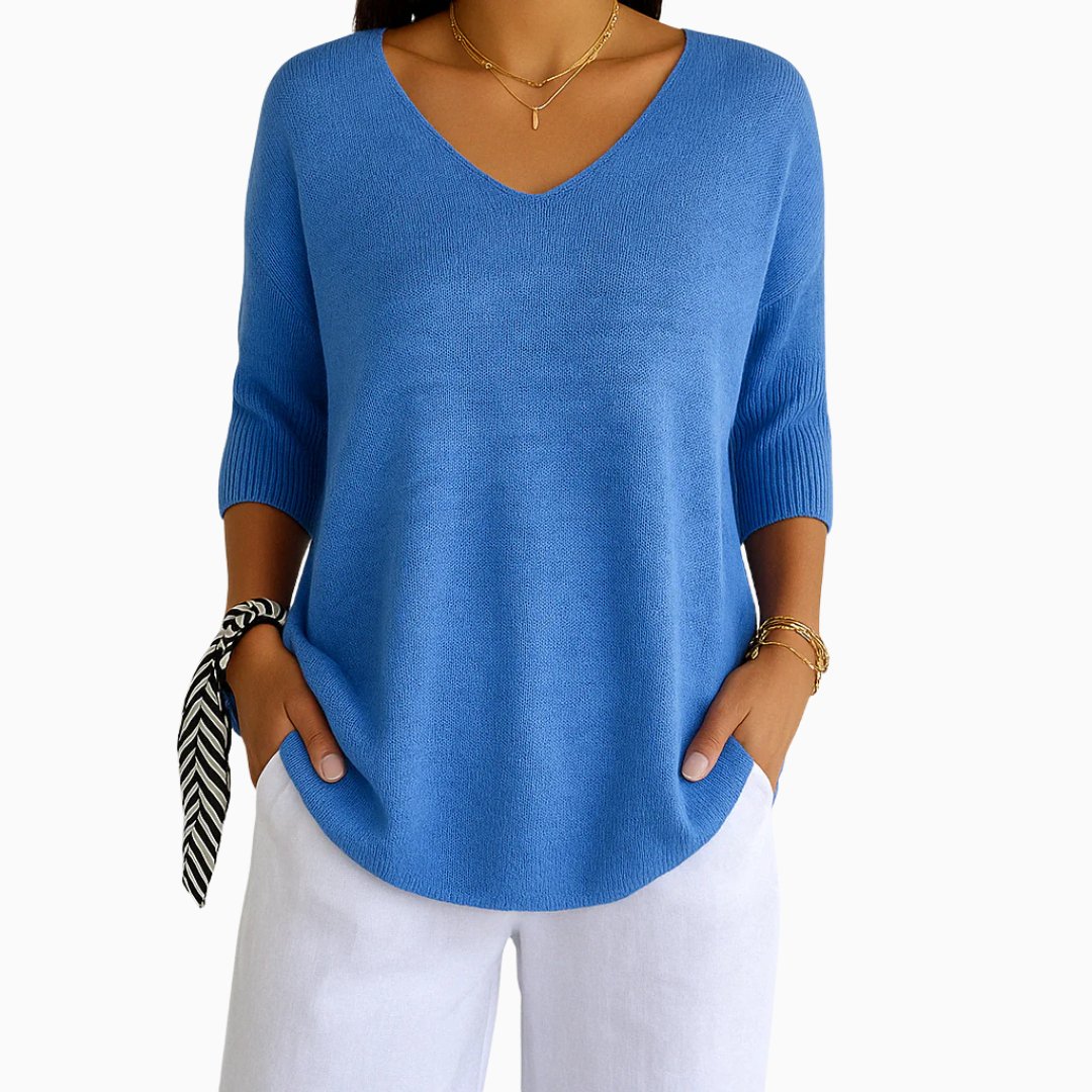 Pull Femme Col V Maille Légère Manches Courtes Coupe Décontractée