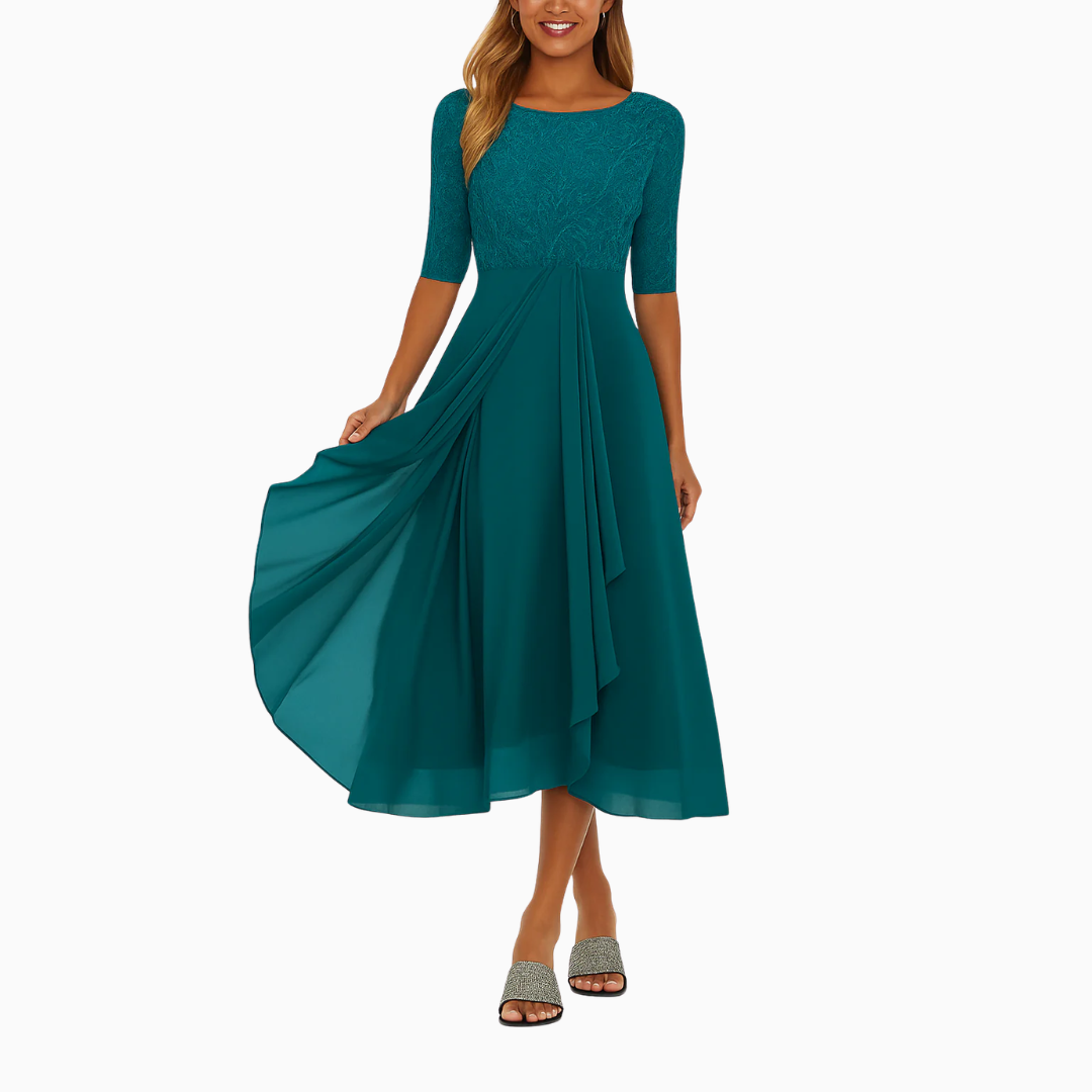 Robe Midi Femme Dentelle & Jupe Fluide – Manches Courtes | Élégance Féminine