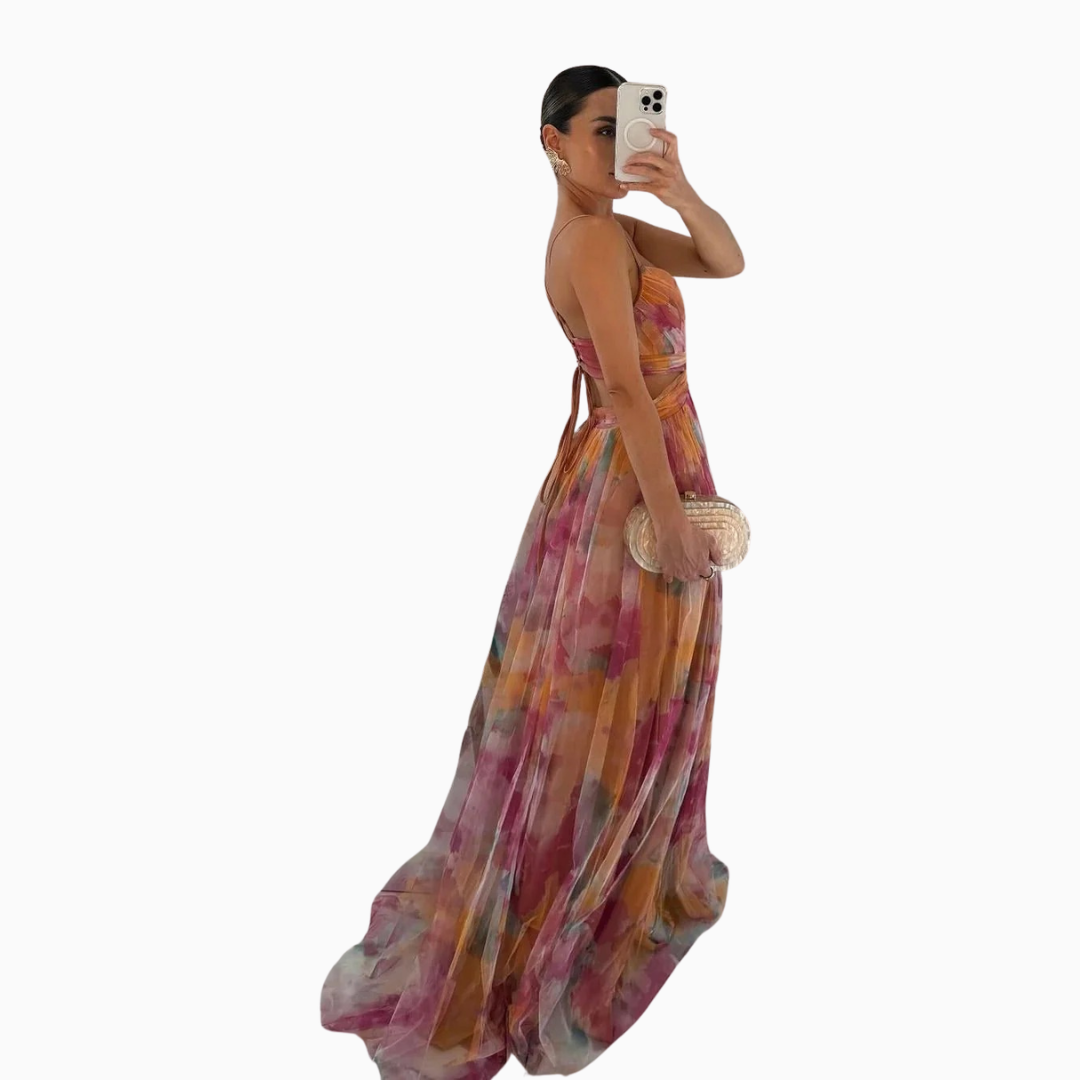 Robe maxi femme col en V bretelles fines buste froncé jupe plissée imprimé floral