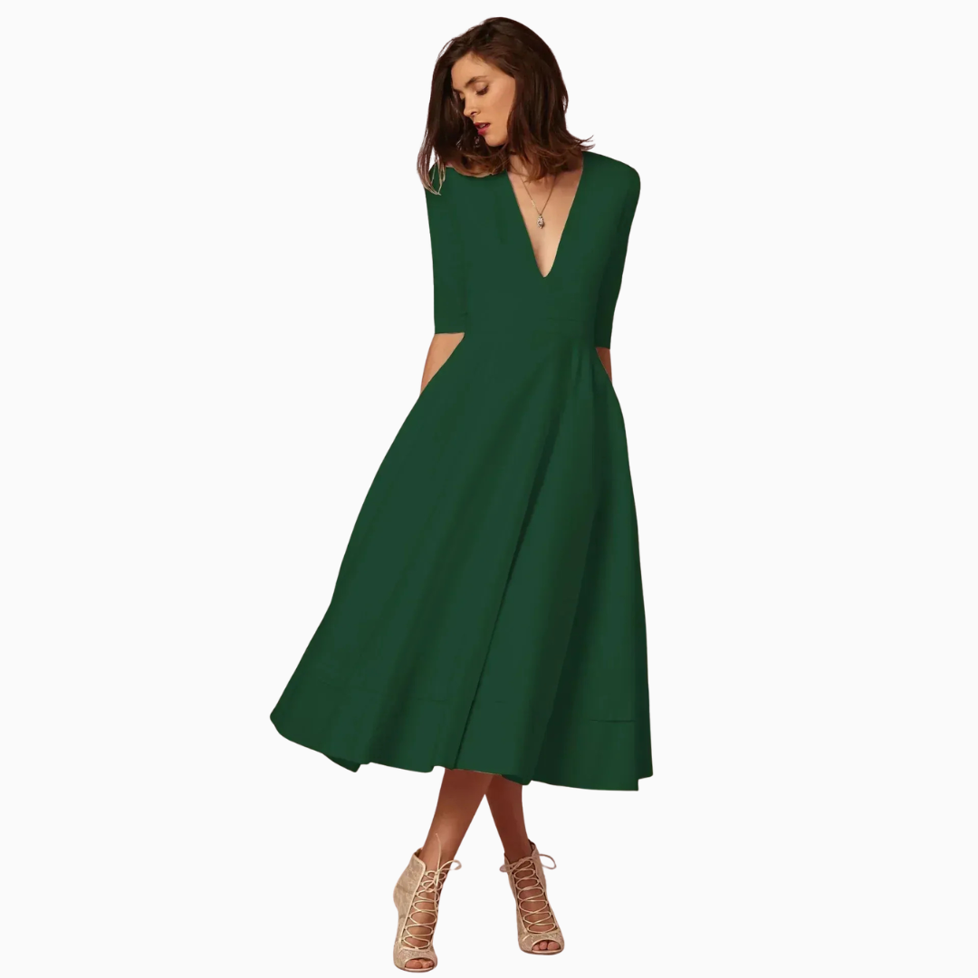 Robe Midi Femme Col V – Taille Ajustée Jupe Évasée | Silhouette Chic au Quotidien