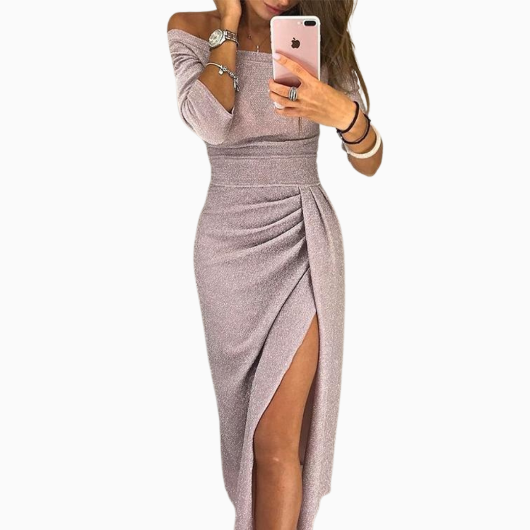 Robe Midi Femme Épaules Dénudées – Jupe Portefeuille Fendue | Look Soirée Raffiné
