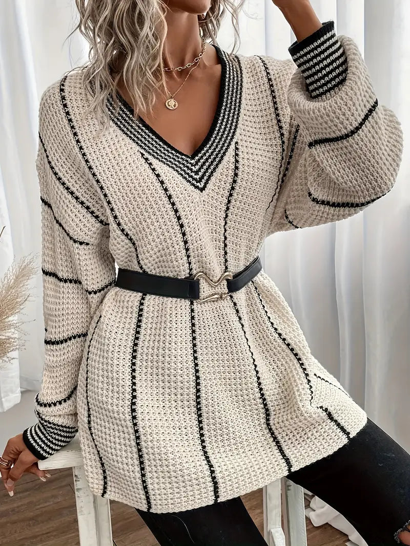 Pull femme à rayures verticales – tricot doux à col en V et manches longues