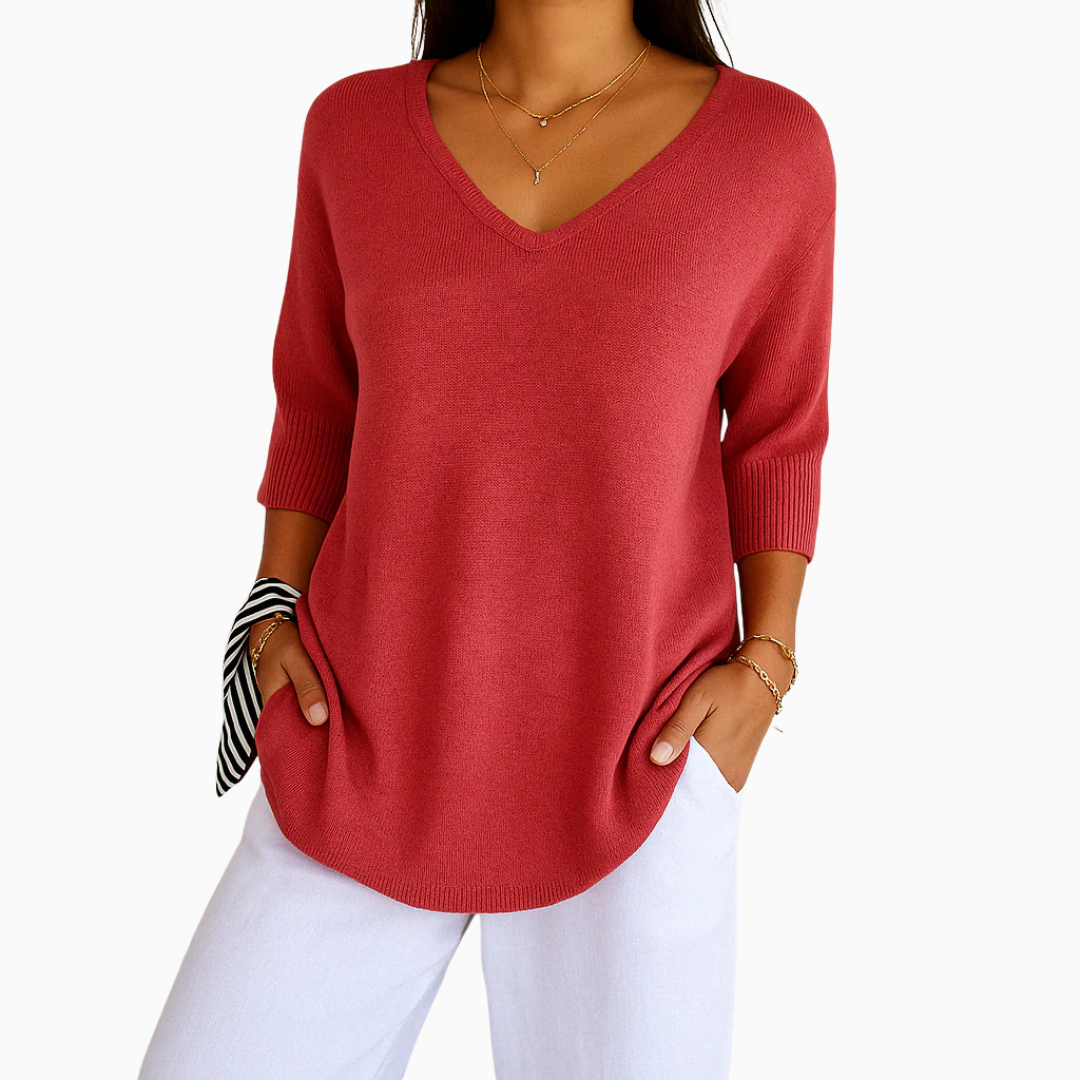Pull Femme Col V Maille Légère Manches Courtes Coupe Décontractée