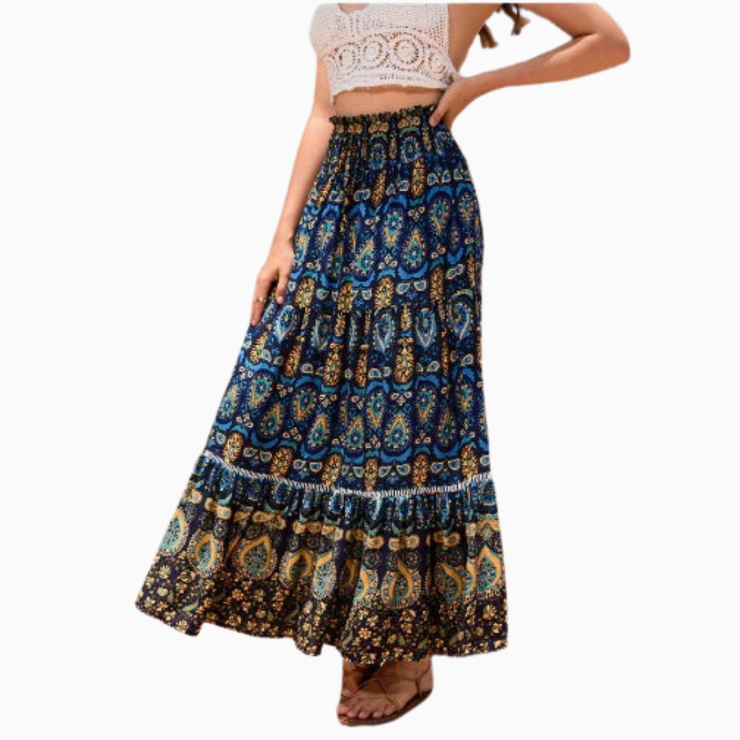 Jupe Longue Bohème Femme – Imprimé Mixte Ourlet Volanté | Style Estival & Vacances