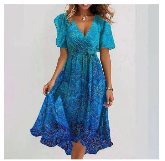 Robe Midi Femme Fleurie – Col V Lien à Nouer Manches Courtes | Style Estival & Féminin