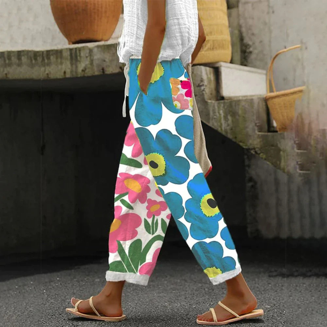 Pantalon Femme Imprimé Floral – Jambes Droites Ourlet Retroussé | Look Joyeux & Estival