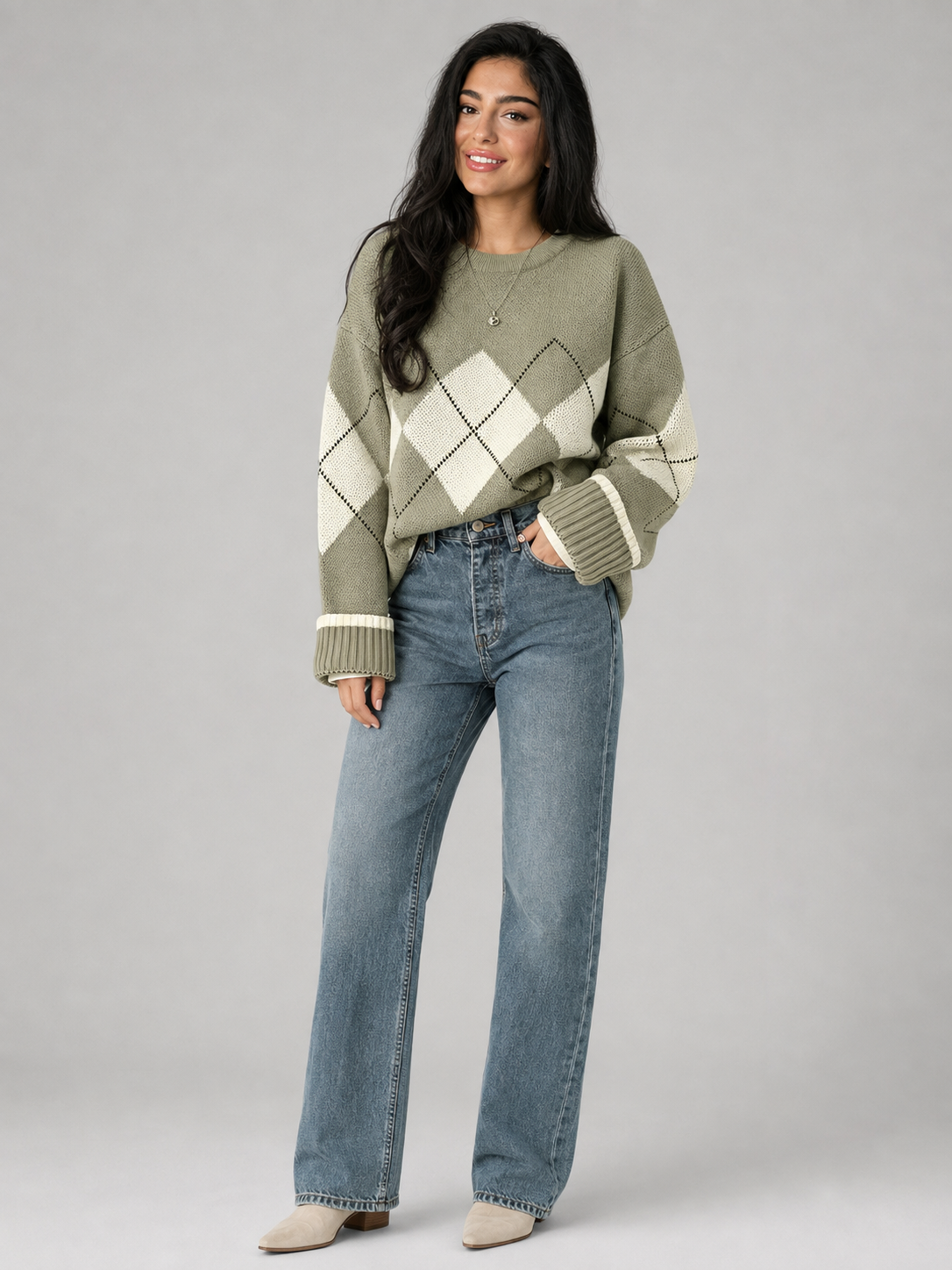 Pull Femme Col Rond Motif Argyle – Maille Douce Manches Longues | Style Vintage Chic
