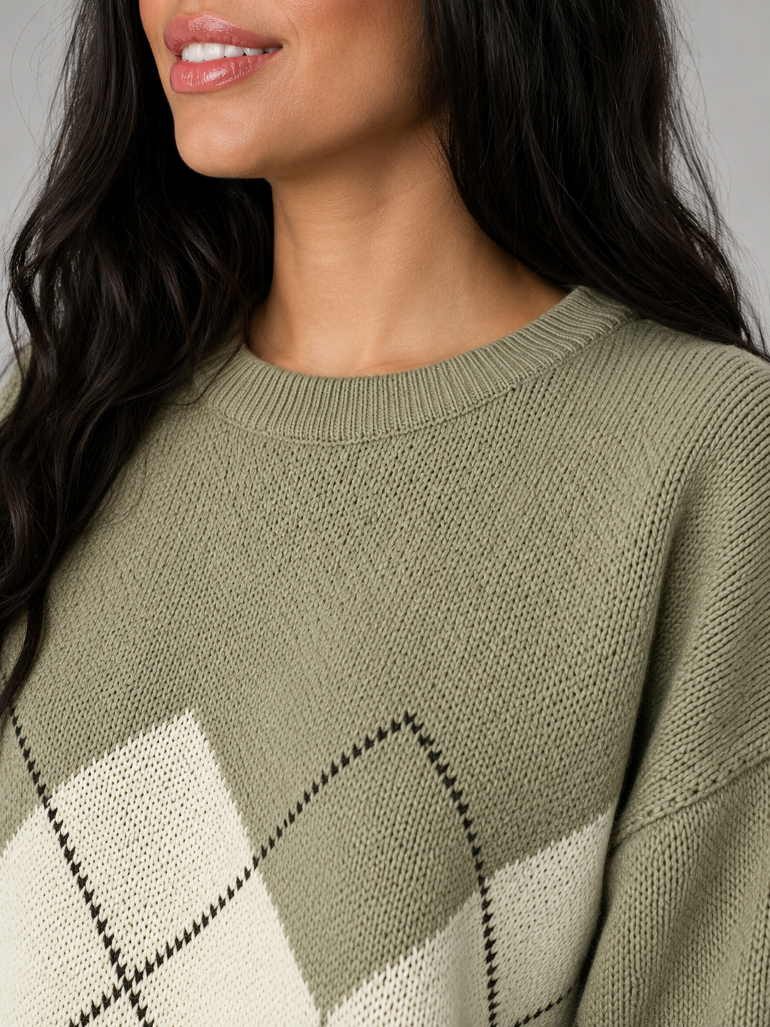 Pull Femme Col Rond Motif Argyle – Maille Douce Manches Longues | Style Vintage Chic