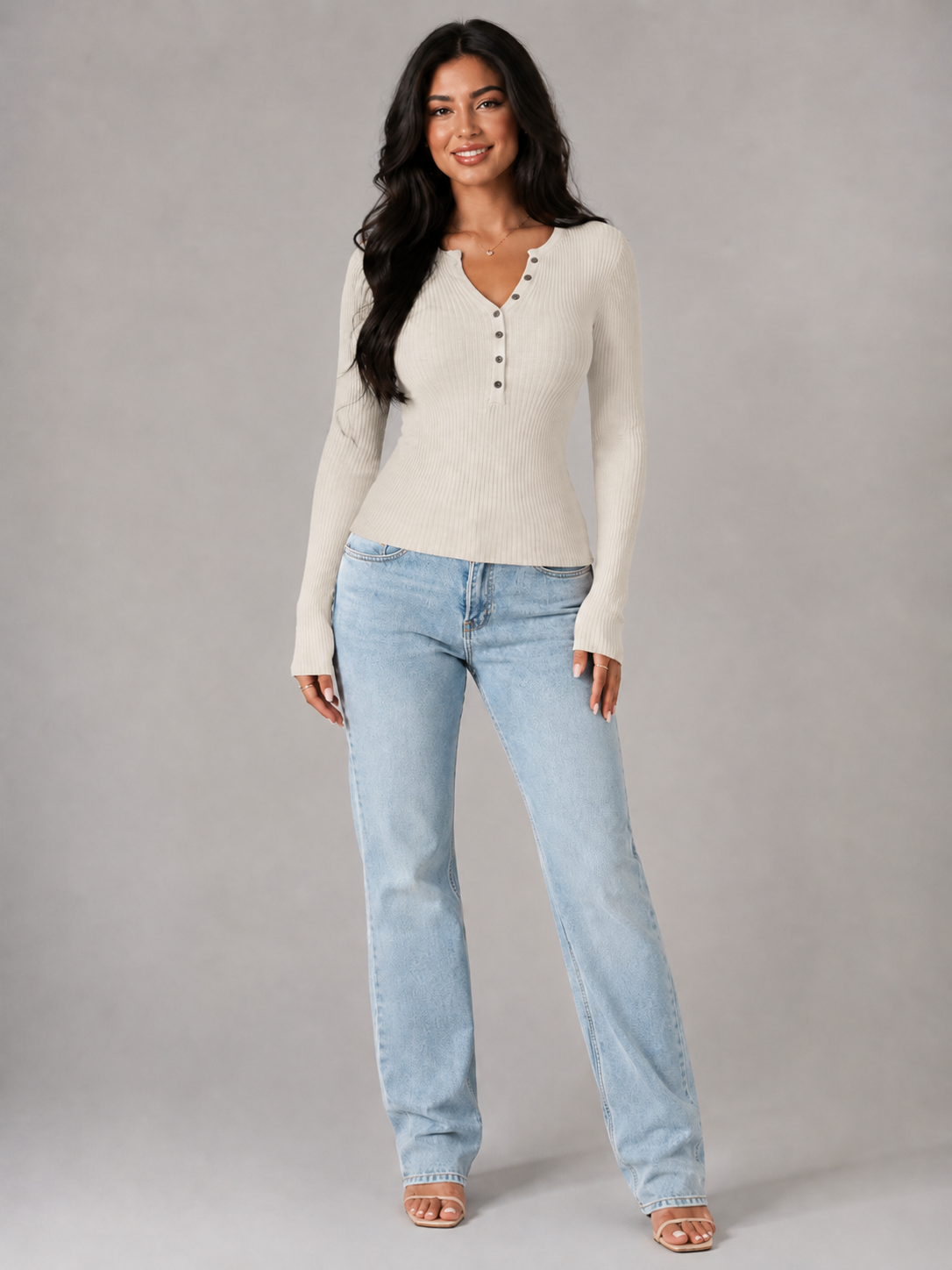 Top Côtelé Femme Boutonnage Frontal – Manches Longues Coupe Ajustée | Style Minimaliste Chic