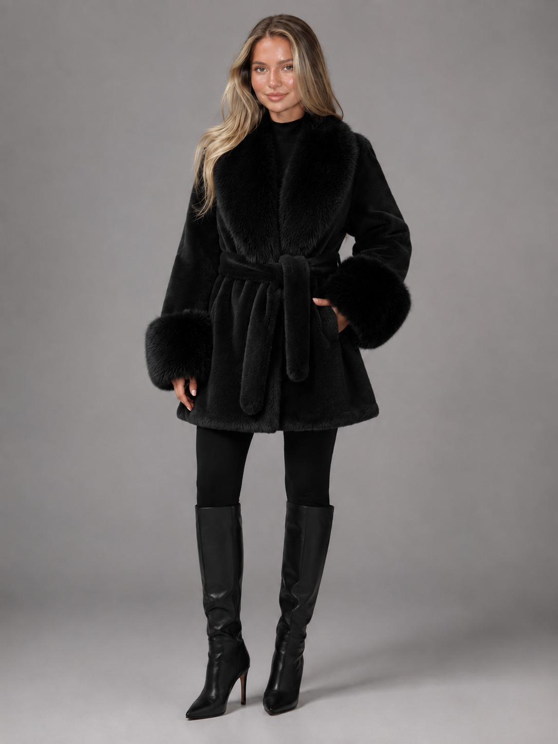 Manteau Femme Col Fourrure Ceinturé – Coupe Longue Élégante | Chic & Chaleureux Hiver