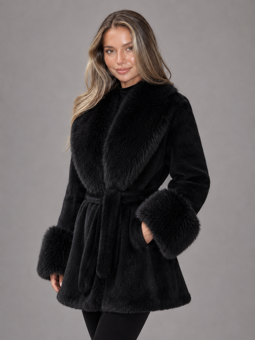 Manteau Femme Col Fourrure Ceinturé – Coupe Longue Élégante | Chic & Chaleureux Hiver