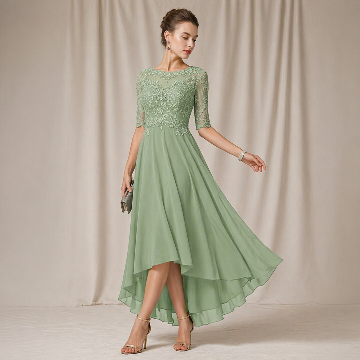 Léonie | Robe midi élégante femme avec dentelle et jupe fluide style habillé raffiné
