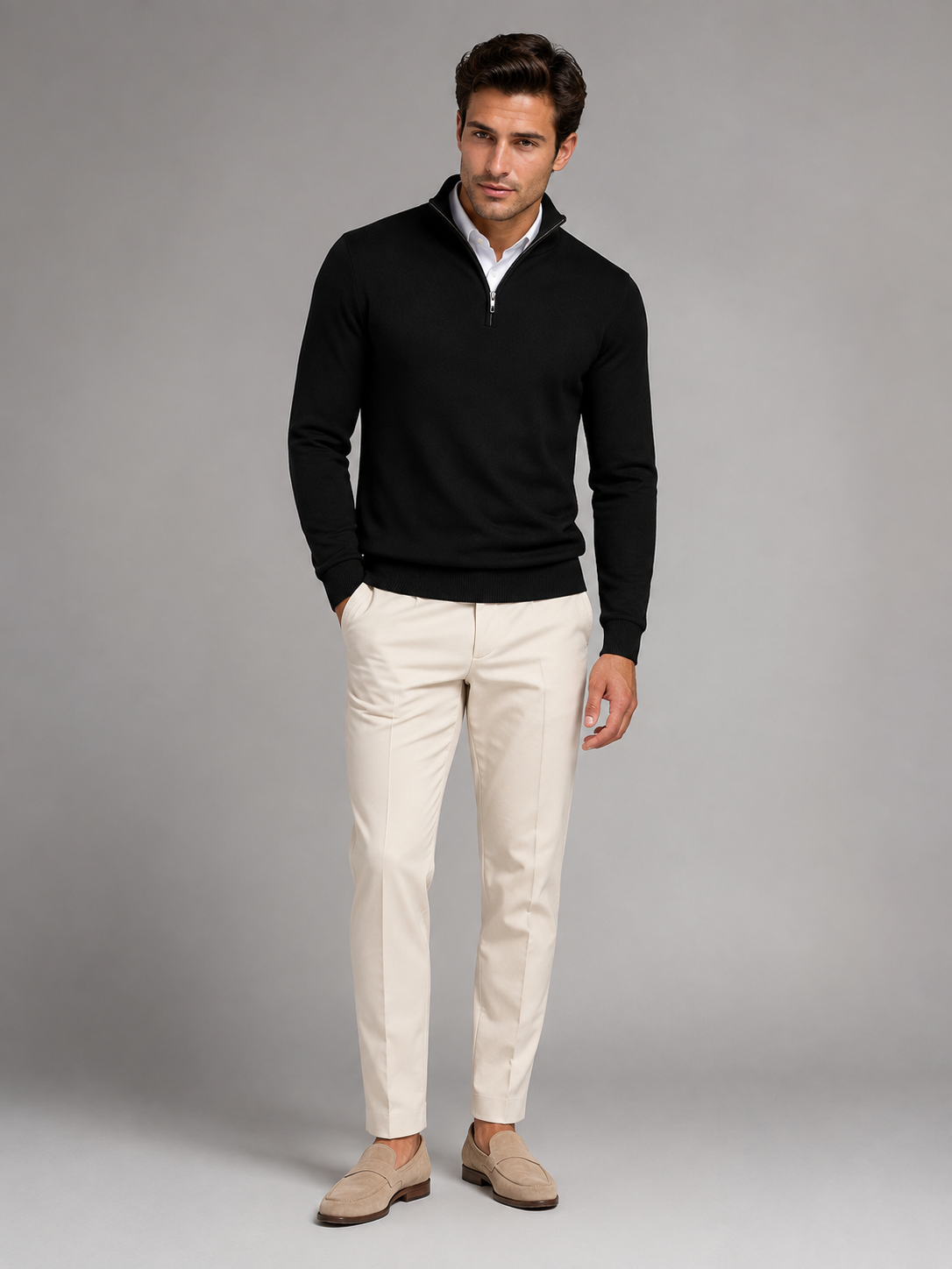 Pull Homme Col Mock Quarter-Zip – Maille Fine Liserés Contrastés | Smart Casual
