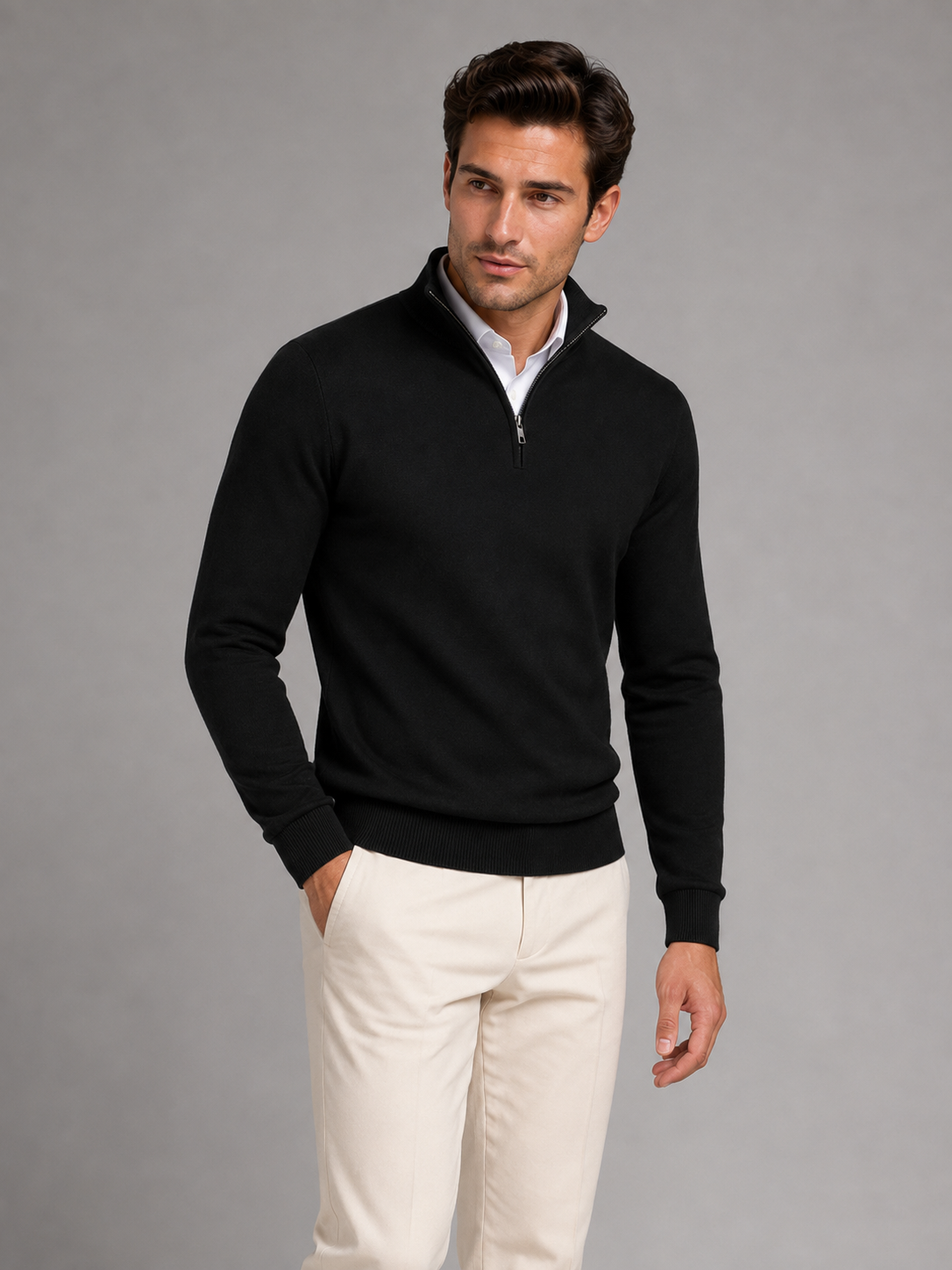 Pull Homme Col Mock Quarter-Zip – Maille Fine Liserés Contrastés | Smart Casual