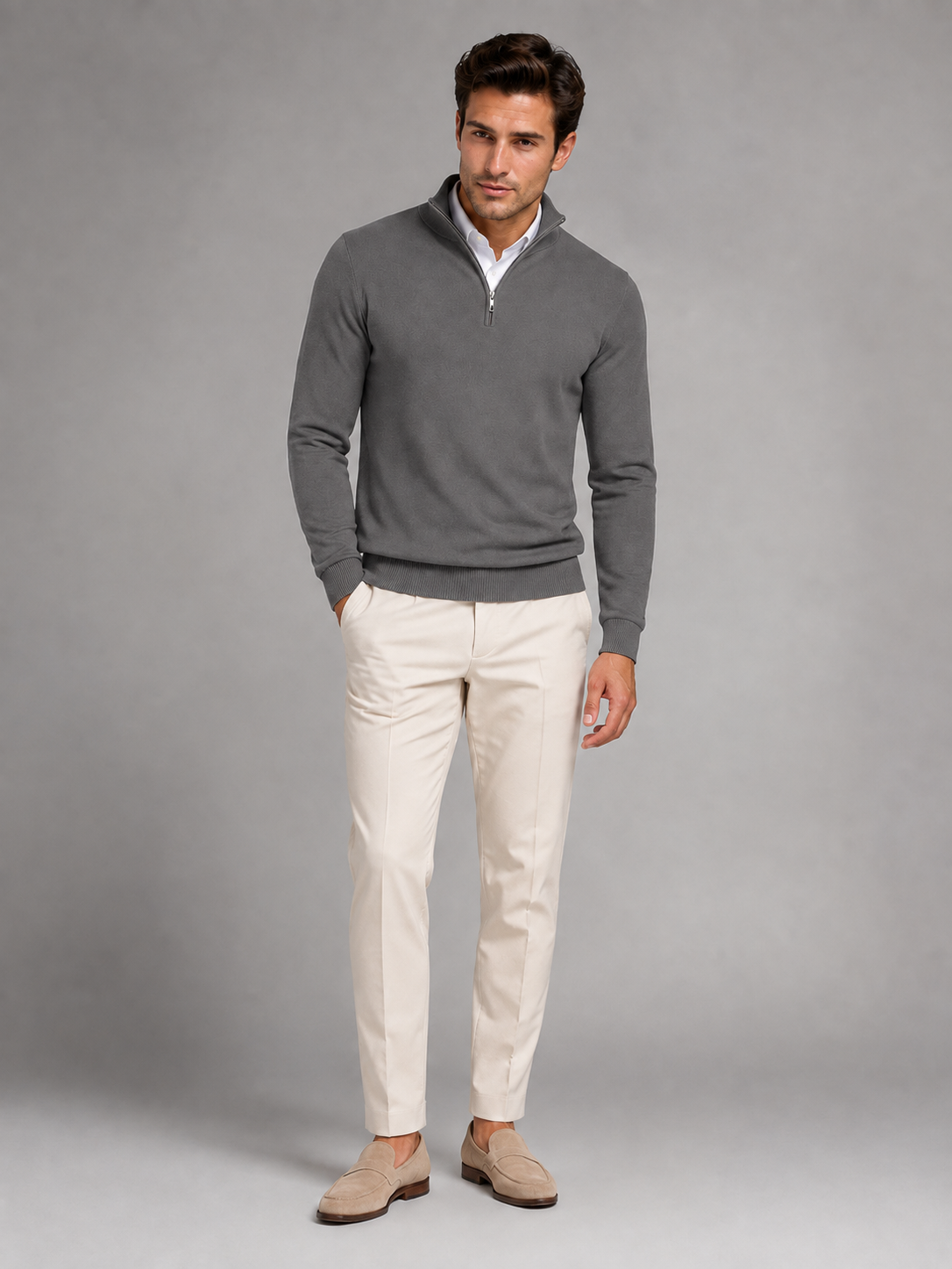 Pull Homme Col Mock Quarter-Zip – Maille Fine Liserés Contrastés | Smart Casual