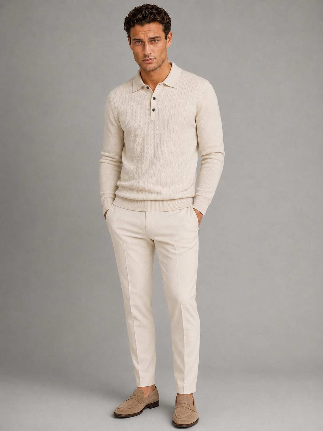 Pull Homme Col Polo Manches Longues Cable Knit – Torsades Classiques | Chic & Chaleureux