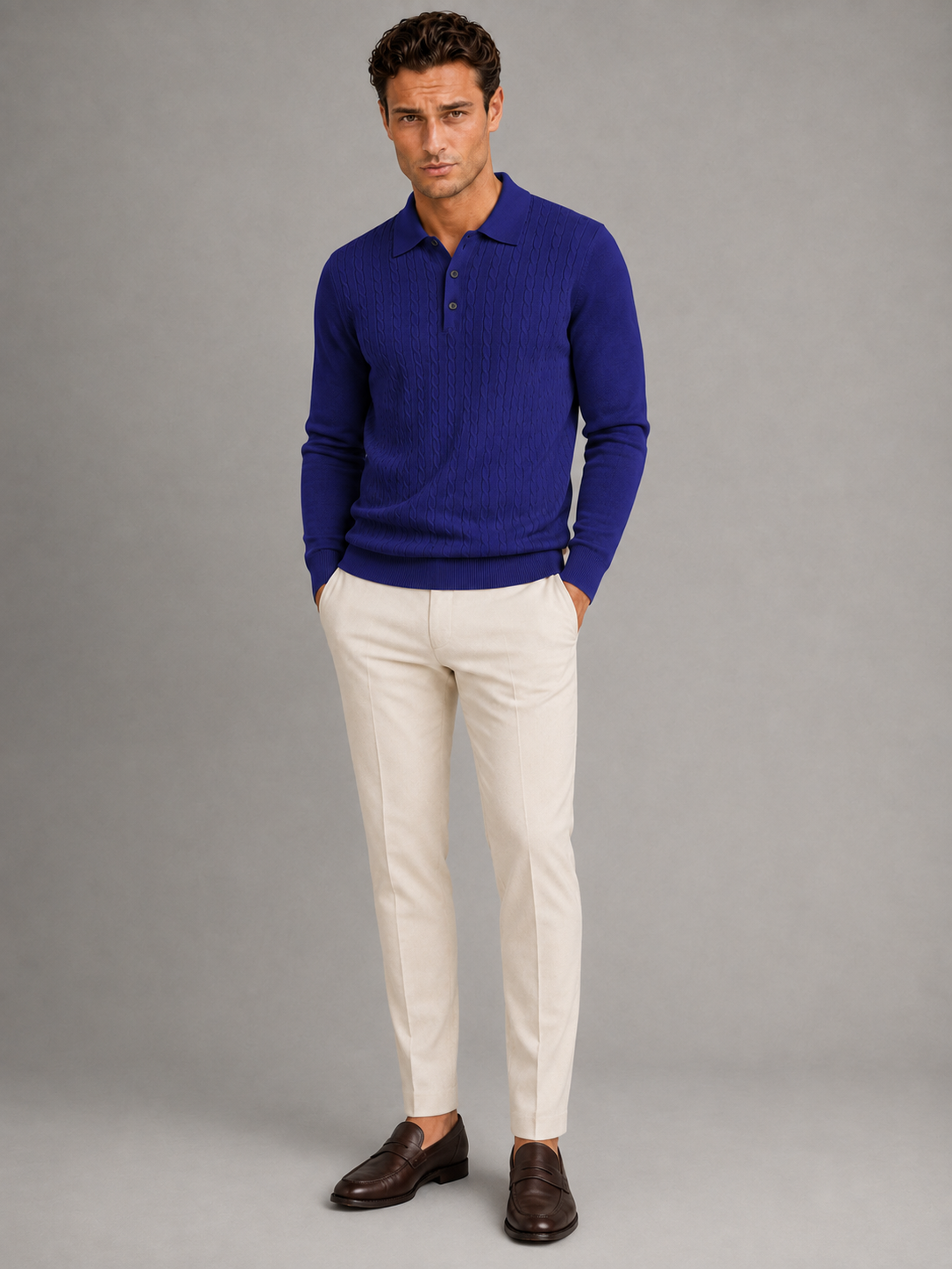 Pull Homme Col Polo Manches Longues Cable Knit – Torsades Classiques | Chic & Chaleureux