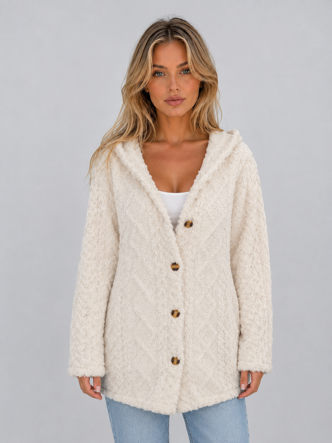 Cardigan Femme Teddy Fleece Capuche – Poches Avant Coupe Ample | Douceur & Confort Hiver