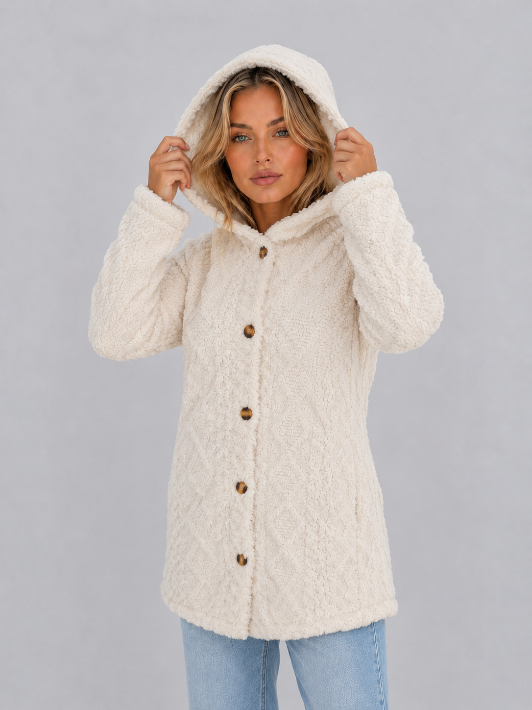 Cardigan Femme Teddy Fleece Capuche – Poches Avant Coupe Ample | Douceur & Confort Hiver