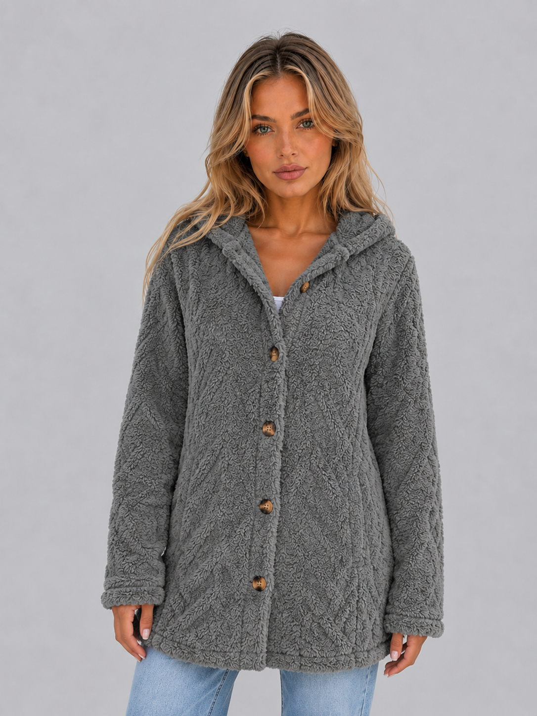 Cardigan Femme Teddy Fleece Capuche – Poches Avant Coupe Ample | Douceur & Confort Hiver