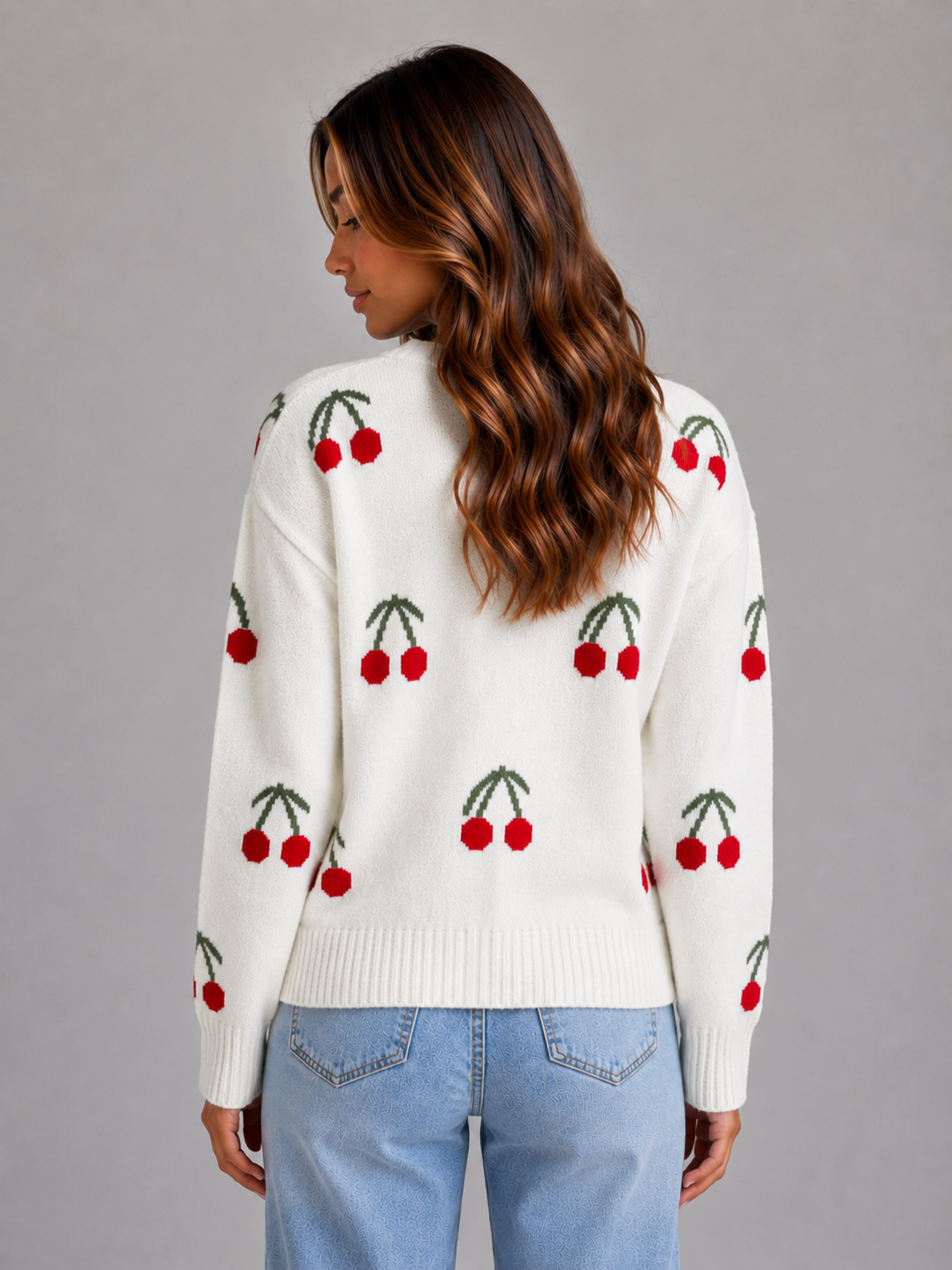 Cardigan Femme Imprimé Cerises – Manches Longues Boutonné Maille Douce | Style Rétro Chic