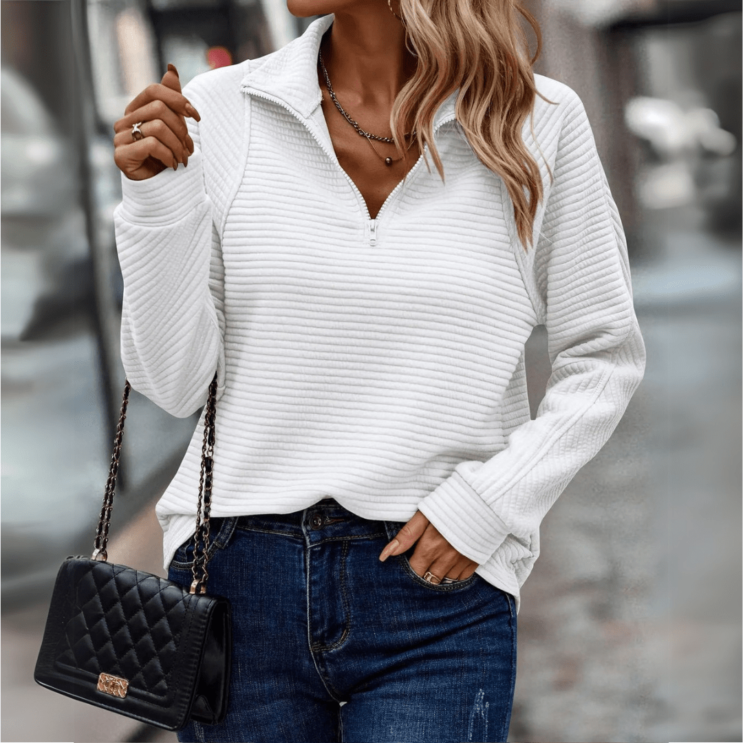 Pull femme à col zippé - maille côtelée douce et coupe décontractée