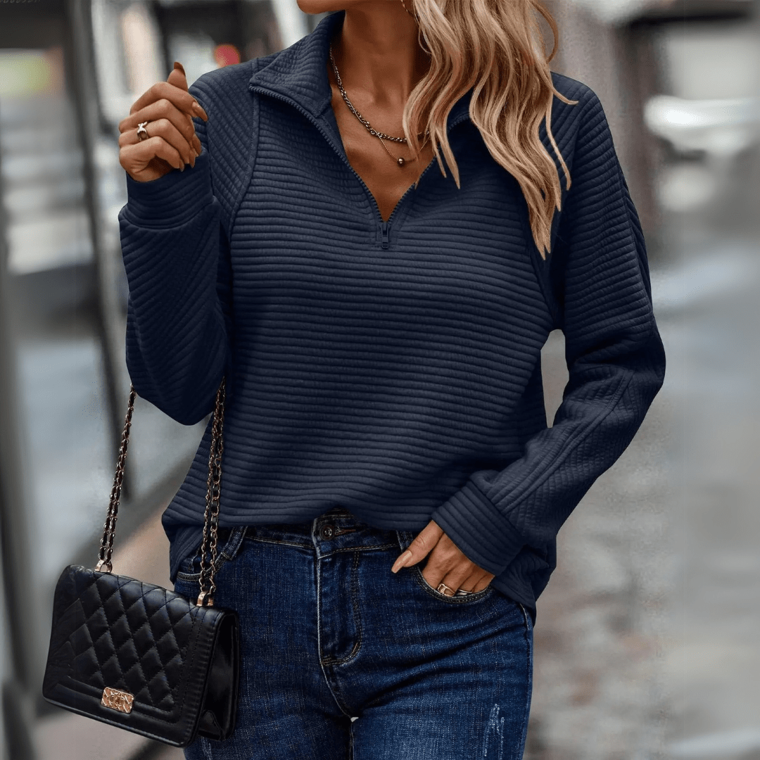 Pull femme à col zippé - maille côtelée douce et coupe décontractée