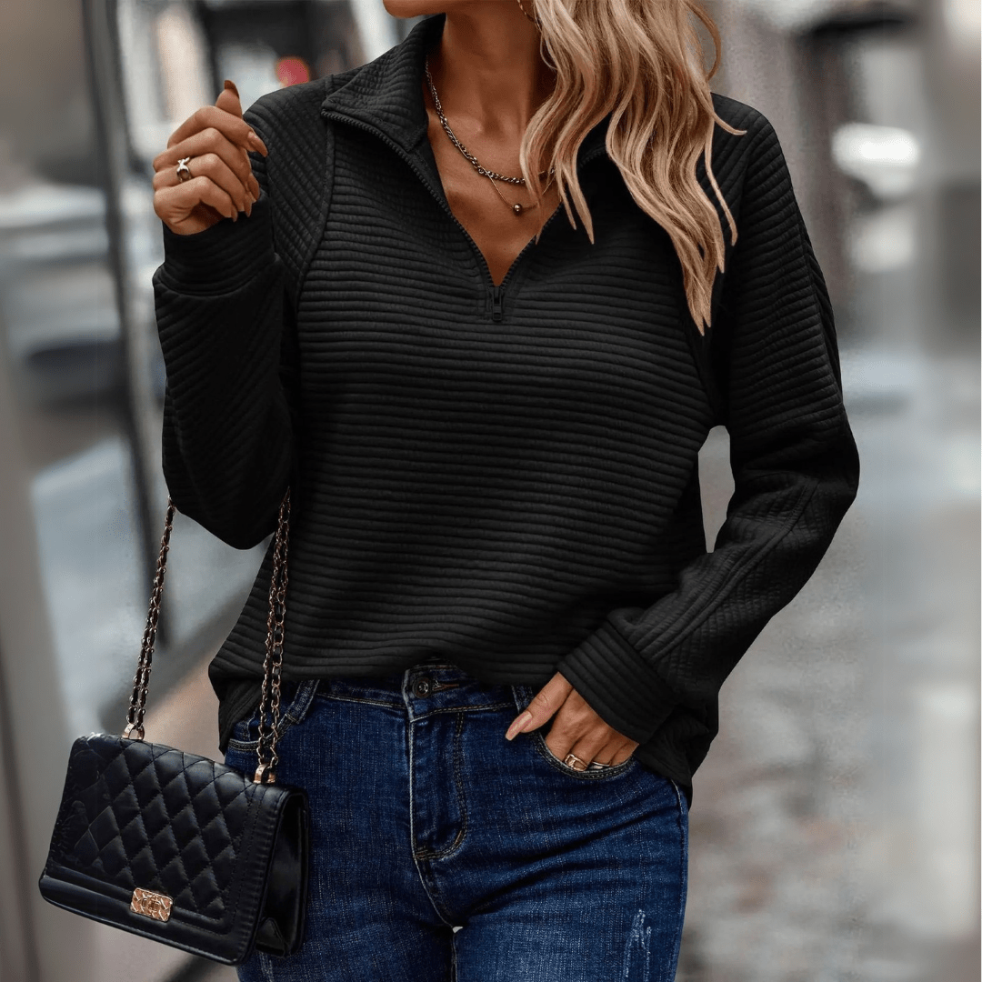 Pull femme à col zippé - maille côtelée douce et coupe décontractée