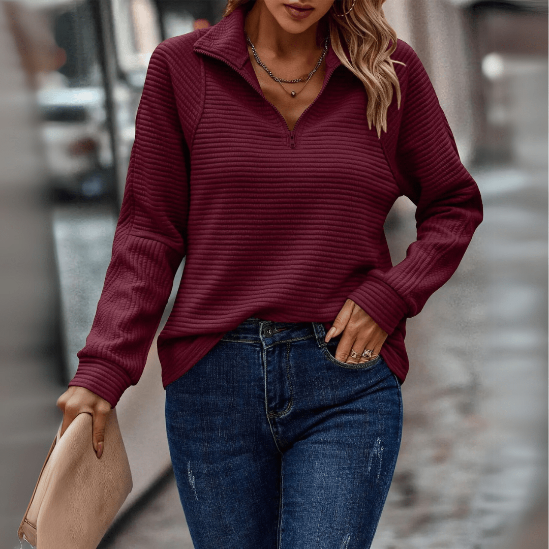 Pull femme à col zippé - maille côtelée douce et coupe décontractée