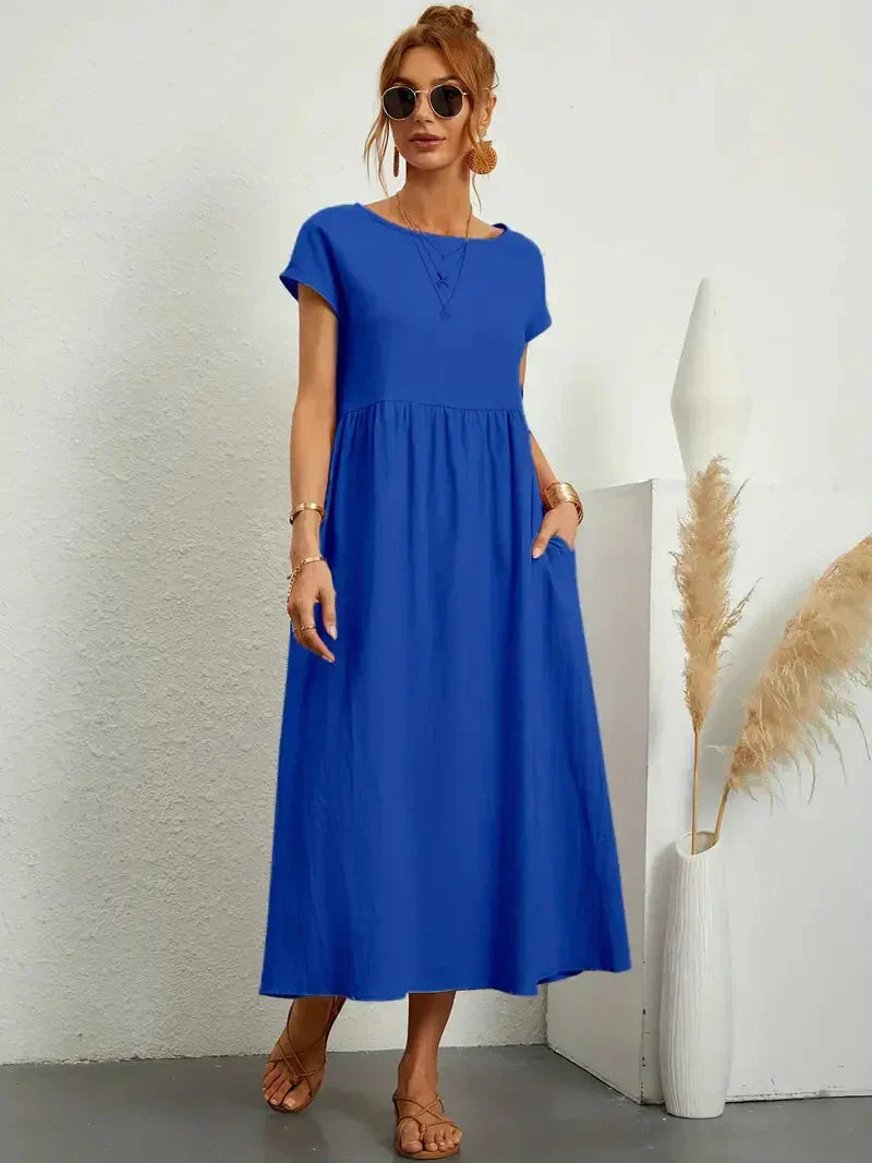 Elira | Robe midi noire femme manches courtes coupe ample style élégant confortable