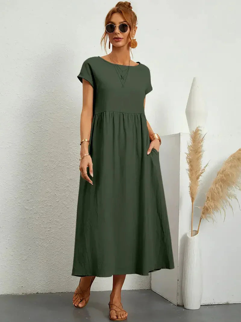 Elira | Robe midi noire femme manches courtes coupe ample style élégant confortable