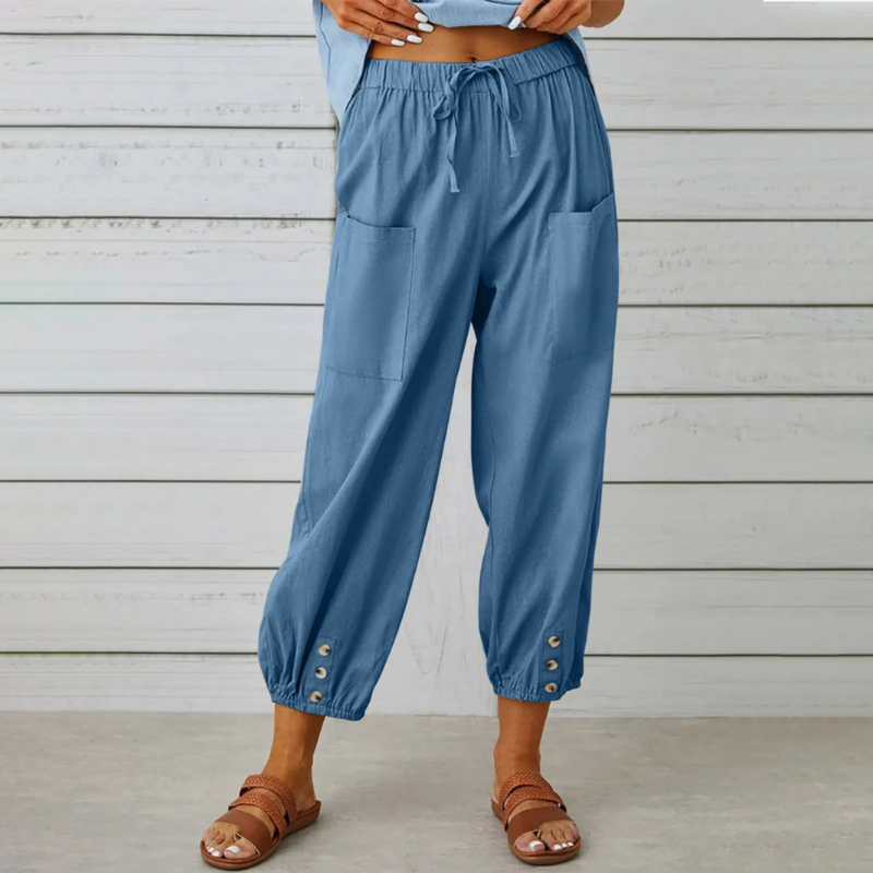Léonie pantalon femme léger avec taille élastique et détails boutonnés