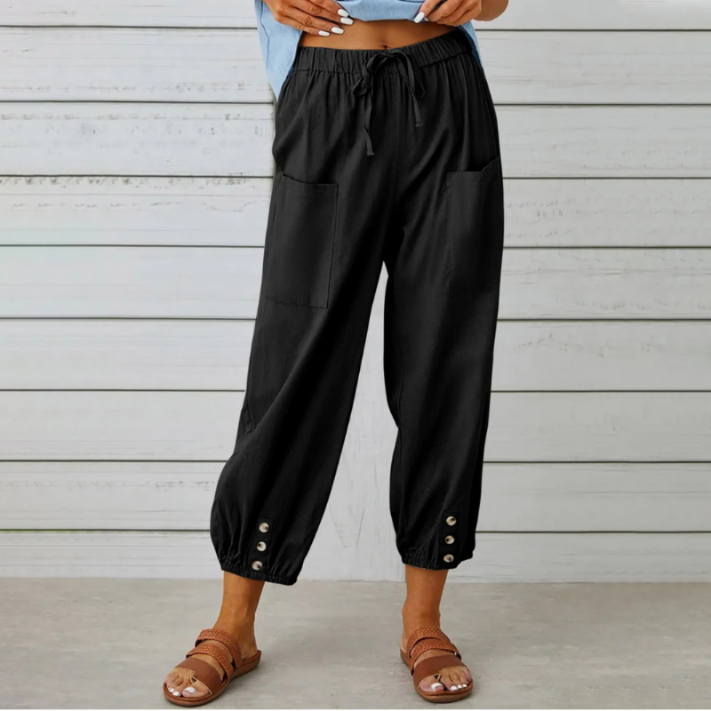 Léonie pantalon femme léger avec taille élastique et détails boutonnés