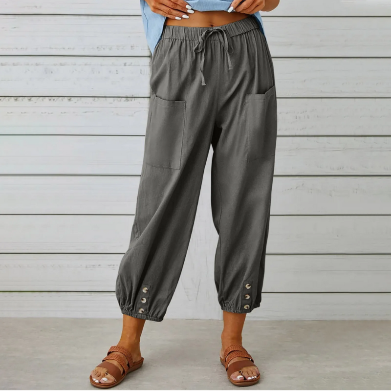 Léonie pantalon femme léger avec taille élastique et détails boutonnés