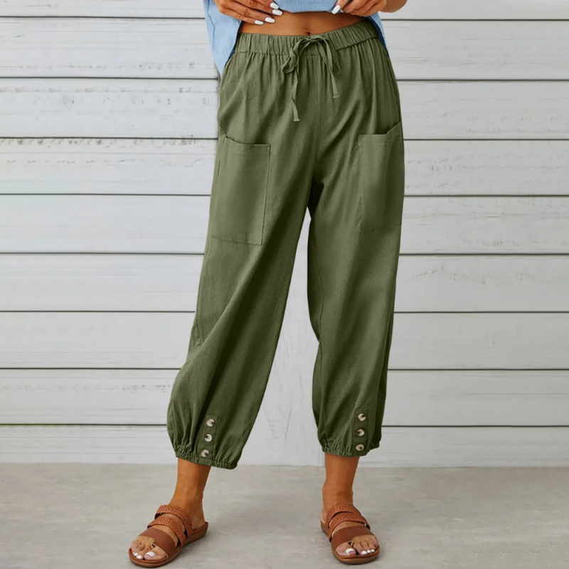 Léonie pantalon femme léger avec taille élastique et détails boutonnés