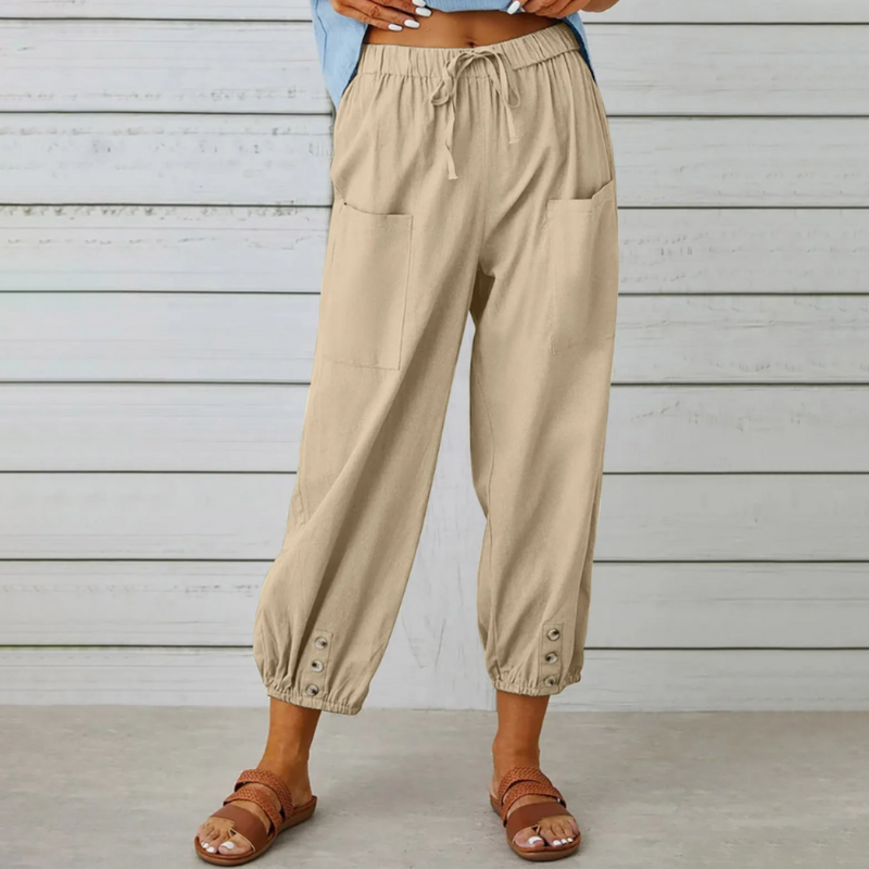 Léonie pantalon femme léger avec taille élastique et détails boutonnés