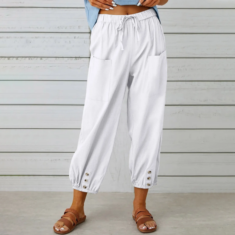 Léonie pantalon femme léger avec taille élastique et détails boutonnés