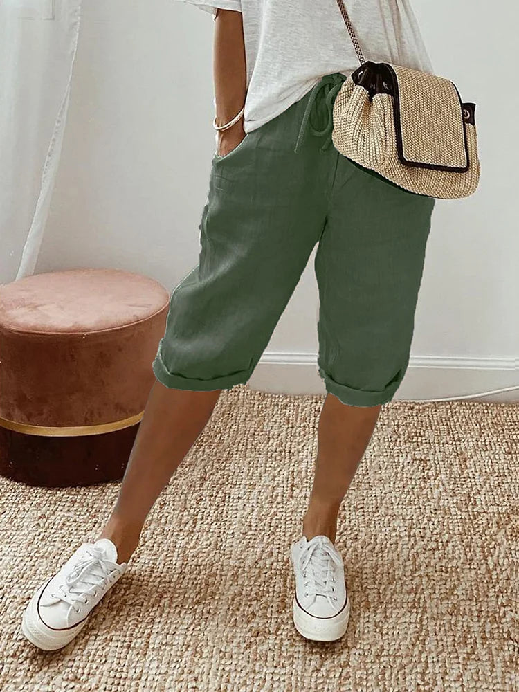 Pantalon Capri Femme Lin – Taille Élastique Ourlet Retroussé | Légèreté & Confort