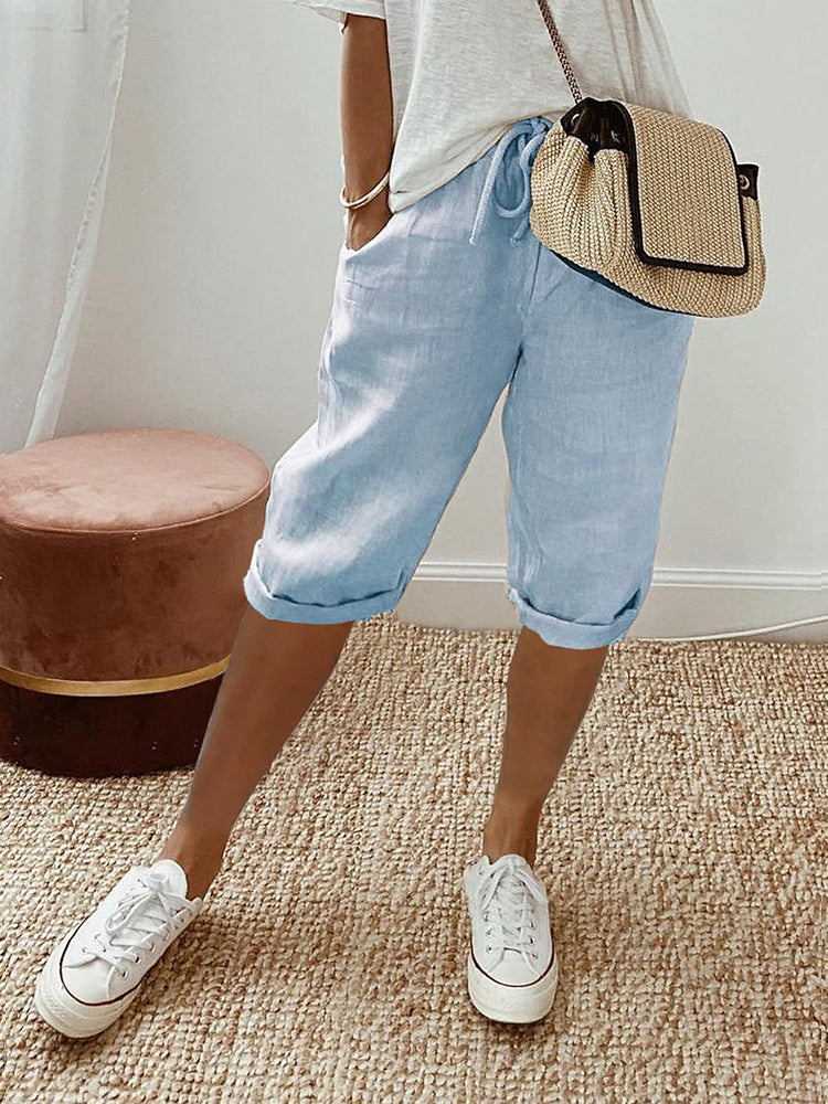Pantalon Capri Femme Lin – Taille Élastique Ourlet Retroussé | Légèreté & Confort