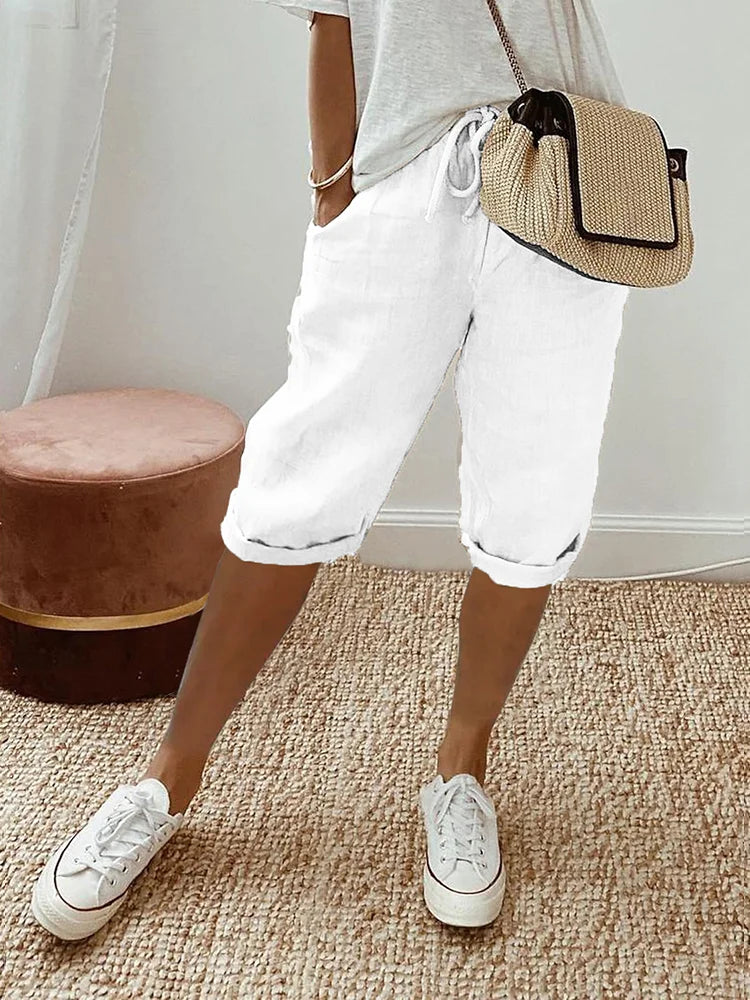Pantalon Capri Femme Lin – Taille Élastique Ourlet Retroussé | Légèreté & Confort