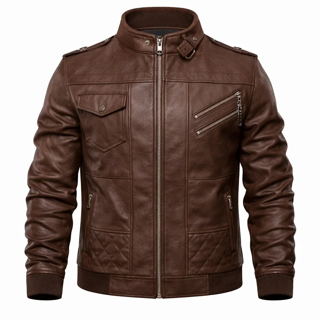 Blouson Bomber Homme Cuir Véritable – Col Côtelé Manches Zippées | Leather Elegance Edition