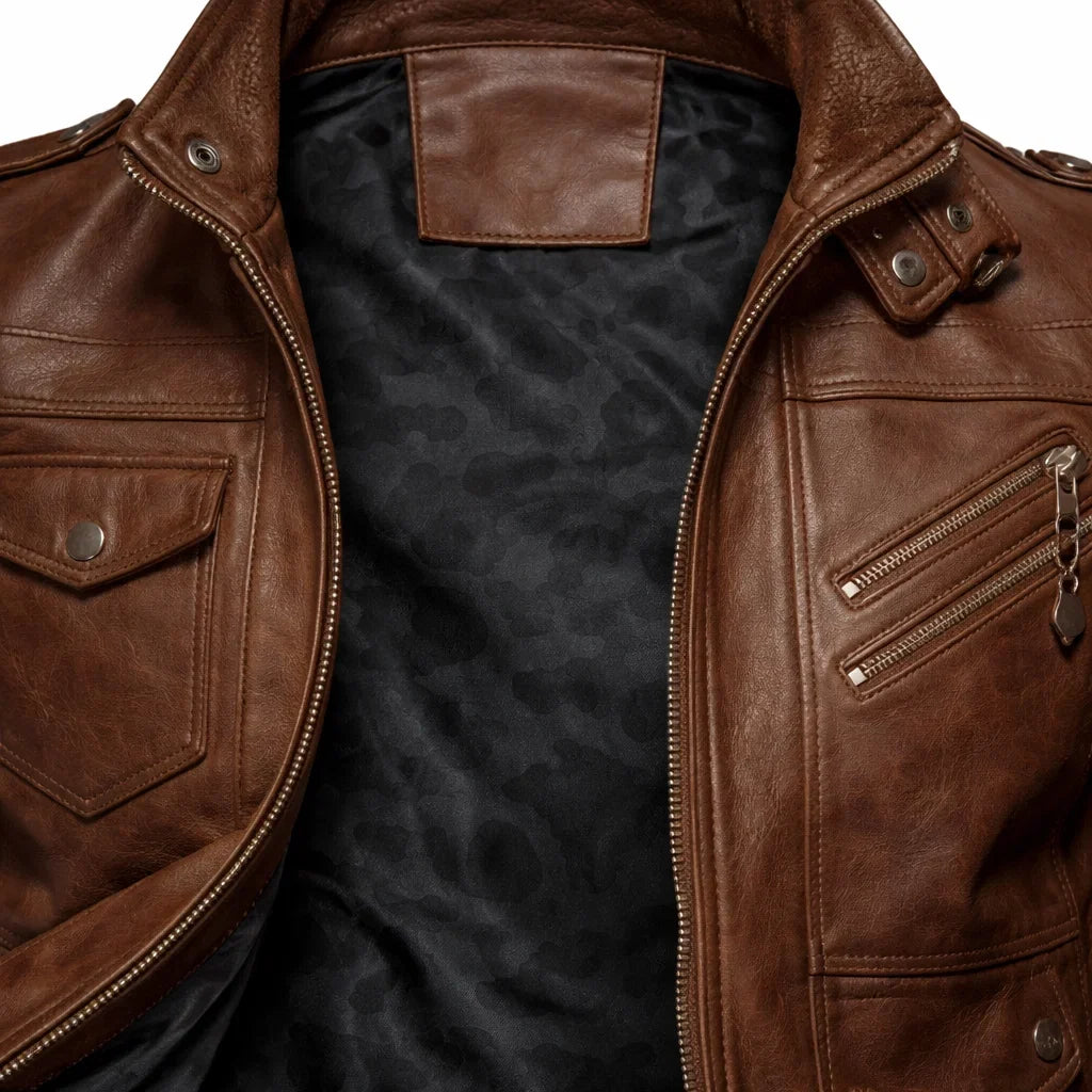 Blouson Bomber Homme Cuir Véritable – Col Côtelé Manches Zippées | Leather Elegance Edition