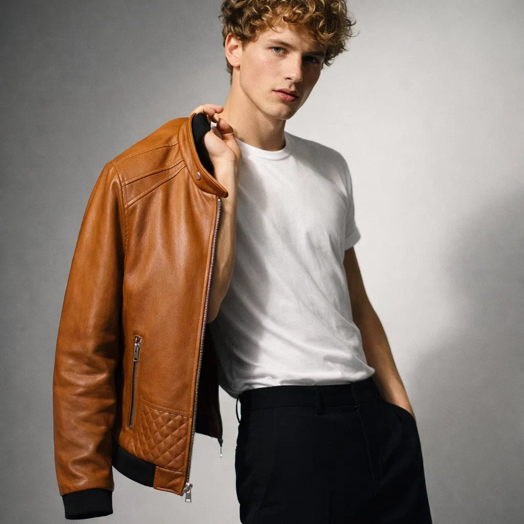 Blouson Biker Homme Cuir Véritable Slim – Détails Zippés Poches Multiples | Donk Edition