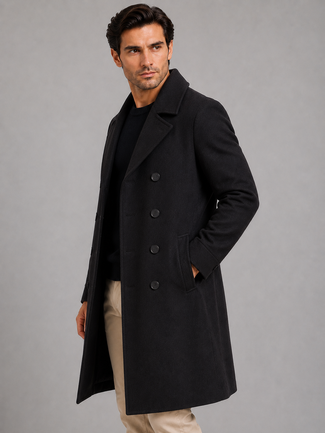 Manteau Homme Double Boutonnage Mi-Long – Col Revers Coupe Classique | Élégance Hivernale